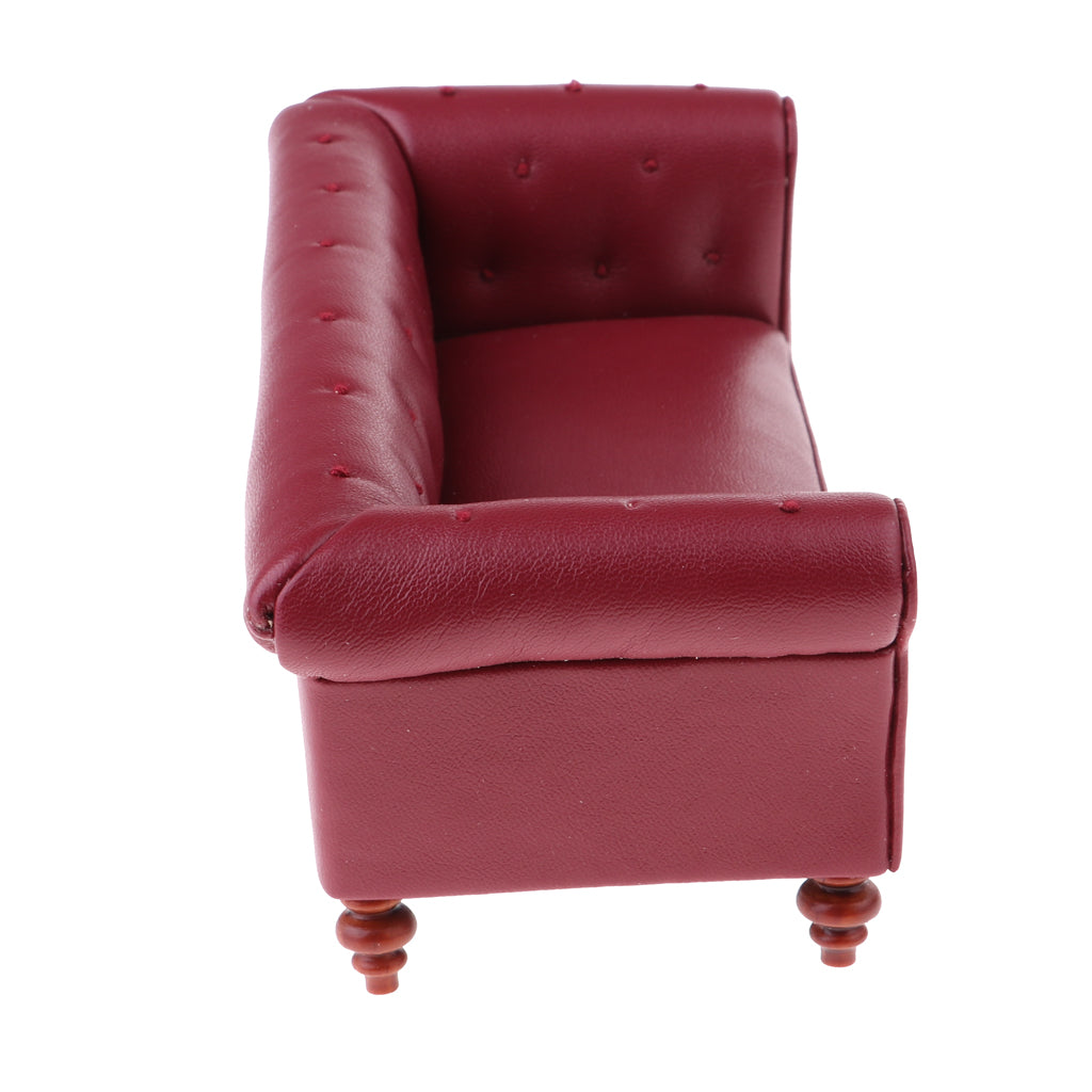 Maxbell European Style 12th Leather Long Sofa Couch Dollhouse Living Room Furniture Home Model Display Ornaments Red