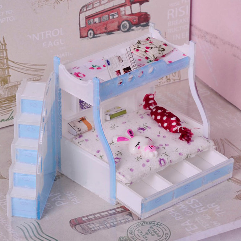 Maxbell 1/12 Dollhouse Miniature Children Bedroom Furniture Bunk Bed Double Bunk with Accessories Sky Blue Color