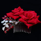 Maxbell Wedding Bridal Pearl Hair Comb Red Rose Crystal Headpiece Hair Accessory 10 x 9cm