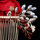 Maxbell Wedding Bridal Pearl Hair Comb Red Rose Crystal Headpiece Hair Accessory 10 x 9cm