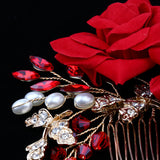 Maxbell Wedding Bridal Pearl Hair Comb Red Rose Crystal Headpiece Hair Accessory 10 x 9cm