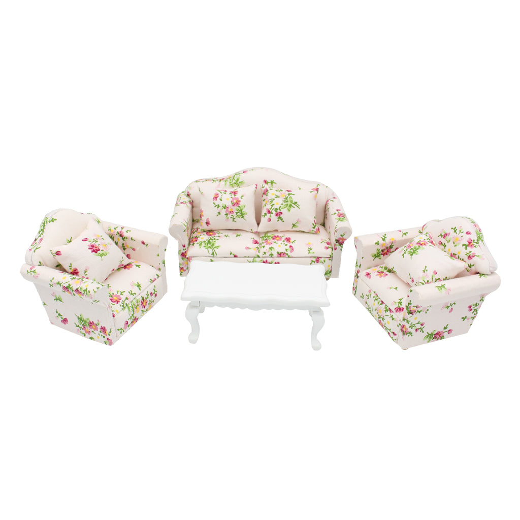 Maxbell Doll's House Miniatures Living Room Furniture Set Floral Sofa Couch End Table Kits 1:12