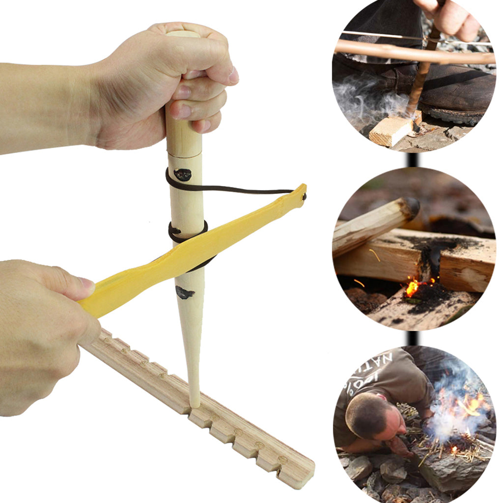 Maxbell Outdoor Primitive Fire Starter Wood Bow Hand Drill Survival Friction Fire Tool for Camping Hiking Backpacking
