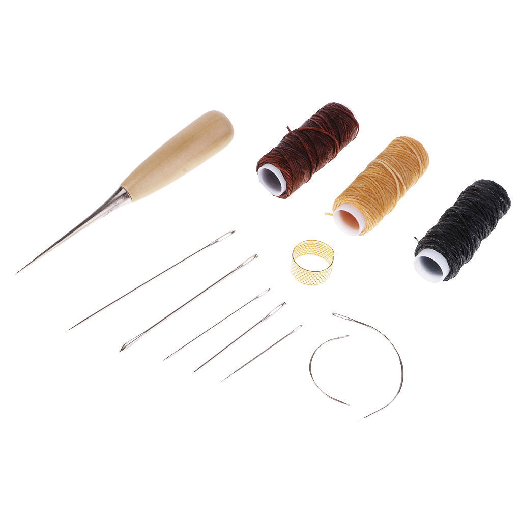 Maxbell 12 Pieces Basic Hand Stitching Leathercraft Set Curved Needles Waxed Thread Awl and Thimble for Leather Upholstery Carpet Canvas