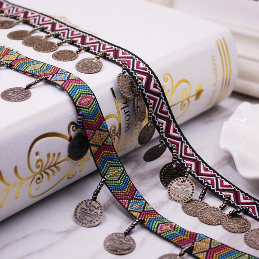 Maxbell 1 Yard Width 35mm Copper Charms Tassel Lace Trim Bohemian  Jacquard Fabric Ribbon Beaded Fringe Drop Handmade Sewing Clothes Curtains Costumes Accessories