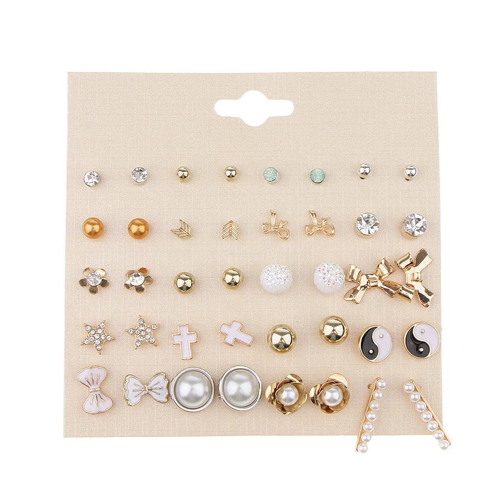 Maxbell 20 Pairs Handmade Pearl Rhinestone Ball Bowknot YinYan Studs Earring Sets