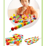 Maxbell Lacing Wooden Threading Beads Set Stringing Blocks Early Learning Toy for Preschoolers, Primary Wooden Fruits and Vegetables Beads Toys