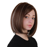 Maxbell Women Short Straight Bob Synthetic Hair Full Wig Heat Resistant Dark Brown with Grey Highlight for Cosplay Party Daily Wear