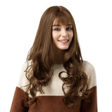 Maxbell 24 Inch Long Wavy Natural Hairline Synthetic Curly Wig With Neat Bangs Heat Resistant Fiber Hair Wigs For Women Natural Looking, Brown