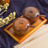 Maxbell Wooden Seasoning Pot with Tray Spoon Set Kitchen Storage Canister Spice Jar