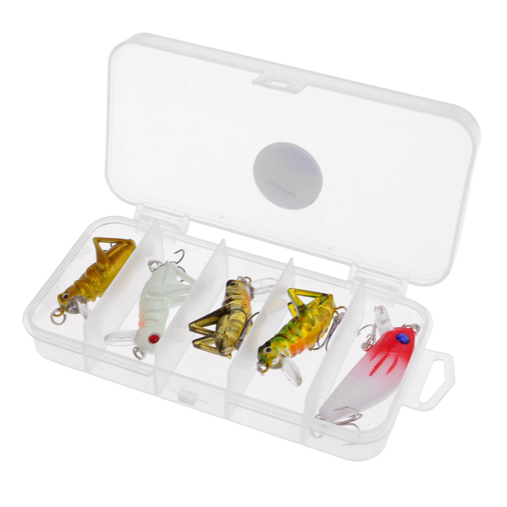 Maxbell 5pcs Artificial Locust Grasshopper Insect Fishing Lures and Minnow Baits with Tackle Box