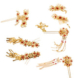 Maxbell 9 Pieces Traditional Ancient Chinese Women Lady Statement Flower Tassel Hair Comb Pin Earring Set Banquet Jewelry