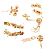 Maxbell 9 Pieces Traditional Ancient Chinese Women Lady Statement Flower Tassel Hair Comb Pin Earring Set Banquet Jewelry