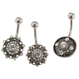 Maxbell 3Pcs Stainless Steel Belly Button Ring Navel Flower Dangle Women Piercing Jewelry