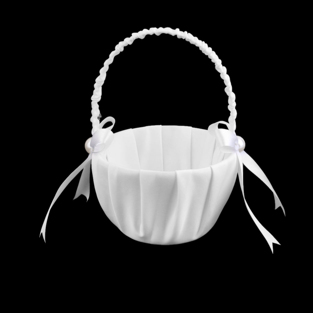 Maxbell White Satin Pearl Wedding Flower Girl Basket Bowknot Decor