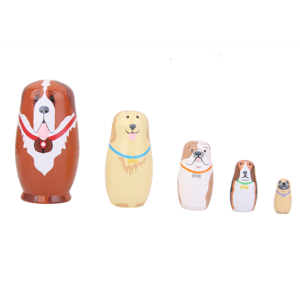 Maxbell 5pcs Set Russian Wooden Nesting Dolls Dogs Matryoshka Hand Painted Gift