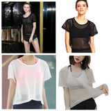 Maxbell Women Short Sleeve Yoga Gym Sports Mesh Tee Crop Top Cover Ups L Black