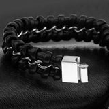 Maxbell Mens Boys PU Leather Braided Wristband Bracelet Steel Bangle Wrap Black