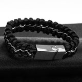 Maxbell Mens Boys PU Leather Braided Wristband Bracelet Steel Bangle Wrap Black