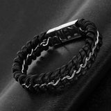 Maxbell Mens Boys PU Leather Braided Wristband Bracelet Steel Bangle Wrap Black