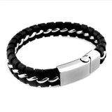 Maxbell Mens Boys PU Leather Braided Wristband Bracelet Steel Bangle Wrap Black