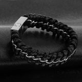 Maxbell Mens Boys PU Leather Braided Wristband Bracelet Steel Bangle Wrap Black