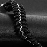 Maxbell Mens Boys PU Leather Braided Wristband Bracelet Steel Bangle Wrap Black