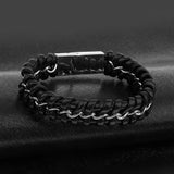 Maxbell Mens Boys PU Leather Braided Wristband Bracelet Steel Bangle Wrap Black