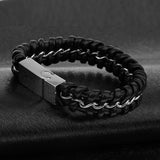 Maxbell Mens Boys PU Leather Braided Wristband Bracelet Steel Bangle Wrap Black