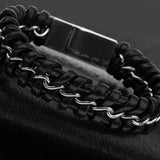 Maxbell Mens Boys PU Leather Braided Wristband Bracelet Steel Bangle Wrap Black