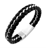 Maxbell Mens Boys PU Leather Braided Wristband Bracelet Steel Bangle Wrap Black