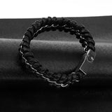 Maxbell Mens Boys PU Leather Braided Wristband Bracelet Steel Bangle Wrap Black