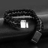 Maxbell Mens Boys PU Leather Braided Wristband Bracelet Steel Bangle Wrap Black