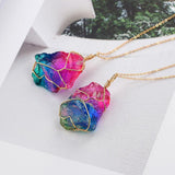 Maxbell Natural Rainbow Stone Pendant Irregular Bling Necklace for Women Jewelry