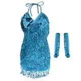 Maxbell Women Latin Ballroom Dance Costume Sequins Tassel Slip Dress Lake Blue