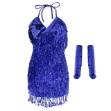 Maxbell Women Latin Ballroom Dance Costume Sequins Tassel Slip Dress Royal Blue