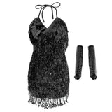 Maxbell Women Latin Ballroom Dance Costume Sequins Tassel Slip Dress Black