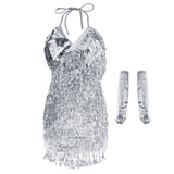 Maxbell Women Latin Ballroom Dance Costume Sequins Tassel Slip Dress Silver