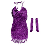 Maxbell Women Latin Ballroom Dance Costume Sequins Tassel Slip Dress Purple