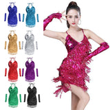 Maxbell Women Latin Ballroom Dance Costume Sequins Tassel Slip Dress Red