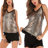 Maxbell Womens Fashion V-Neck Animal Printed Sequin Camisole Top with Lace Trim S