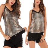 Maxbell Womens Fashion V-Neck Animal Printed Sequin Camisole Top with Lace Trim S