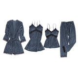 Maxbell 4pcs Womens Kimono Style Plush Robe Nightdress Non-Slip Nightwear Blue L