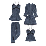 Maxbell 4pcs Womens Kimono Style Plush Robe Nightdress Non-Slip Nightwear Blue L