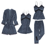 Maxbell 4pcs Womens Kimono Style Plush Robe Nightdress Non-Slip Nightwear Blue L