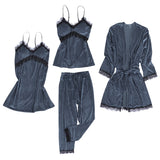 Maxbell 4pcs Womens Kimono Style Plush Robe Nightdress Non-Slip Nightwear Blue L