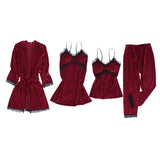 Maxbell 4pcs Womens Kimono Style Plush Robe Nightdress Non-Slip Nightwear Wine Red M