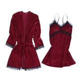 Maxbell 4pcs Womens Kimono Style Plush Robe Nightdress Non-Slip Nightwear Wine Red M