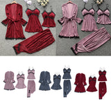 Maxbell 4pcs Womens Kimono Style Plush Robe Nightdress Non-Slip Nightwear Wine Red M