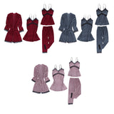 Maxbell 4pcs Womens Kimono Style Plush Robe Nightdress Non-Slip Nightwear Wine Red M